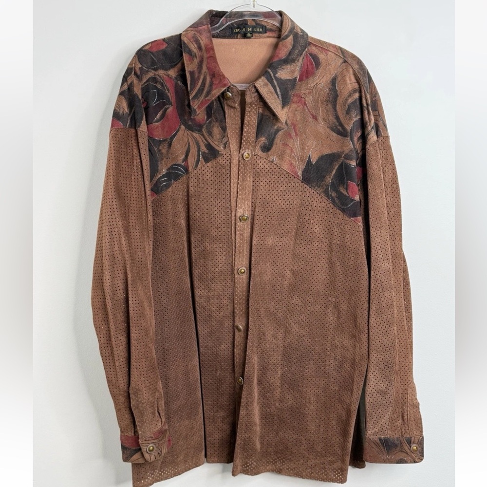 Vintage Creme De Silk Men's XL Brown Shirt Perforated Leather Suede Western RARE